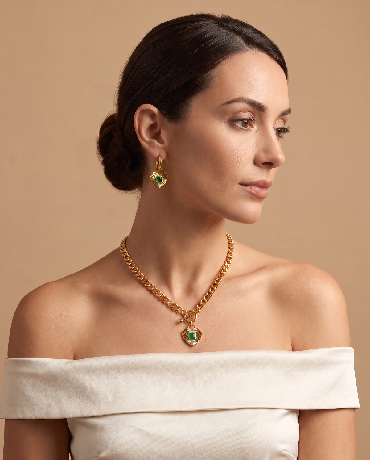 Ocean Grace Heart Necklace & Earrings Set, gold-tone, worn on model