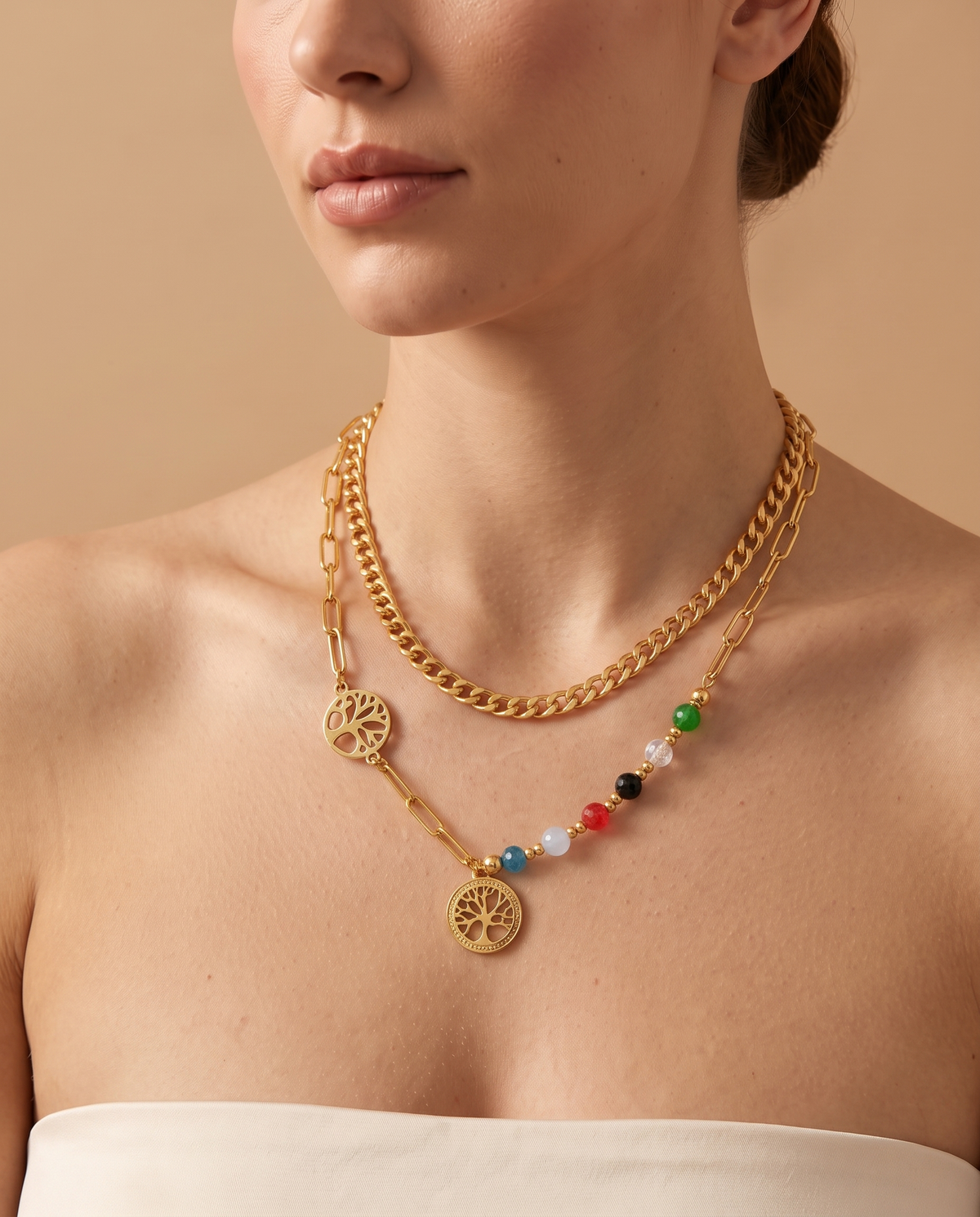Morning Bliss Necklace, double gold-tone chain with Tree of Life charms worn on model | Morning Bliss ketting, dubbele goudkleurige ketting met levensboombedels gedragen door model