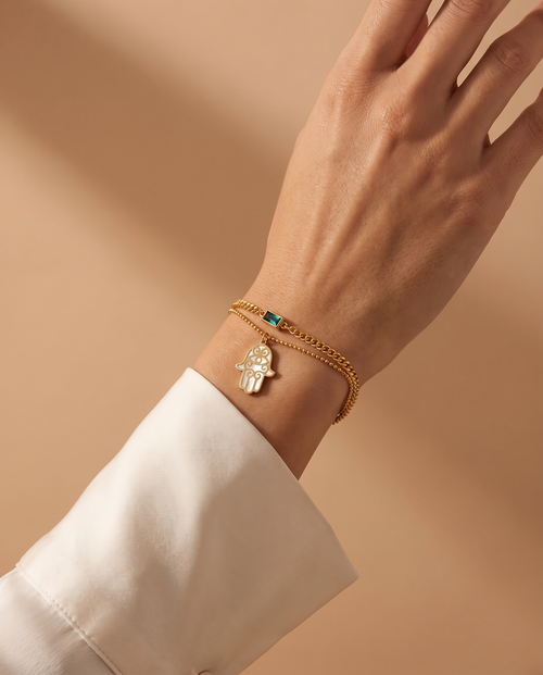 Blush Radiance Bracelet, gold-tone, worn on the wrist | Blush Radiance armband, goudkleurig, gedragen om de pols