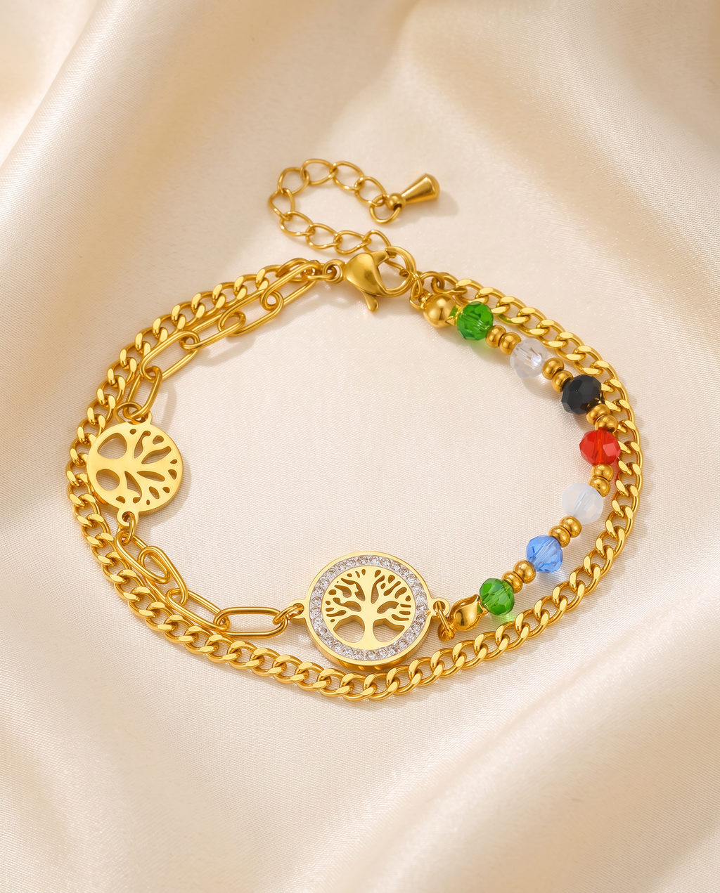 Morning Bliss bracelet from the set: two Tree of Life discs and coloured beads | Morning Bliss armband uit de set: twee levensboom-bedels en gekleurde kraaltjes
